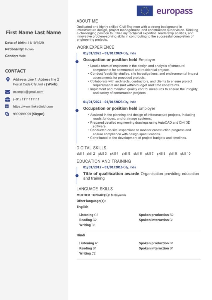 نماذج سيرة ذاتية يوروباس تنزيل سيرة ذاتية أوروبية europass cv جاهزة للتعديل