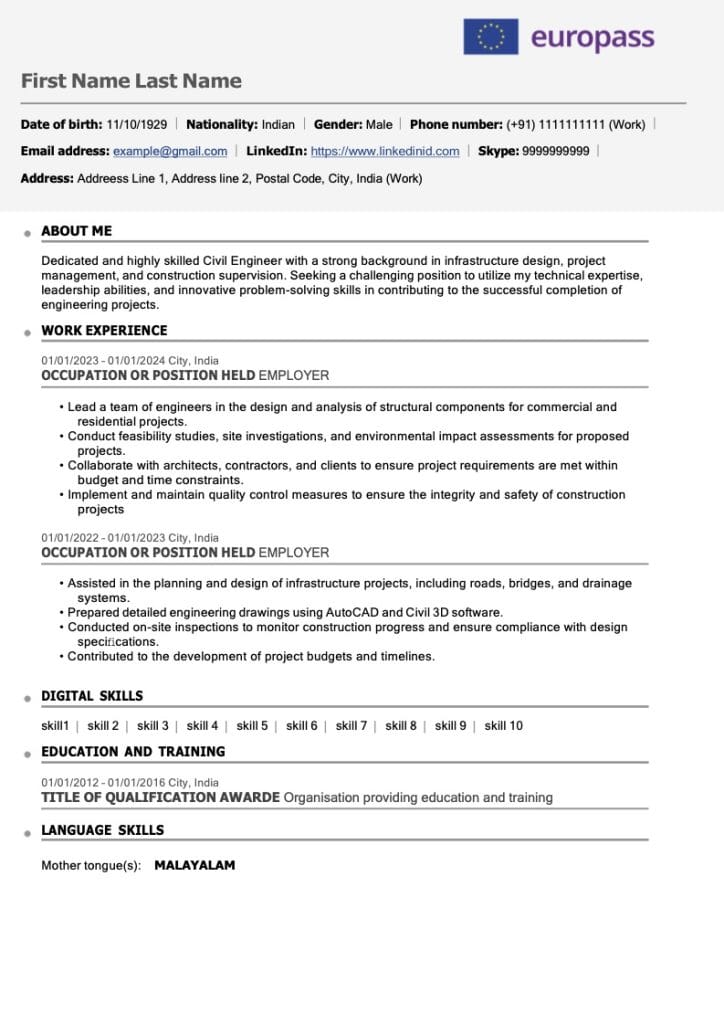 تنزيل السيرة الذاتية الأوروبية Europes CV بصيغة وورد نموذج سيرة ذاتية europass احترافي
