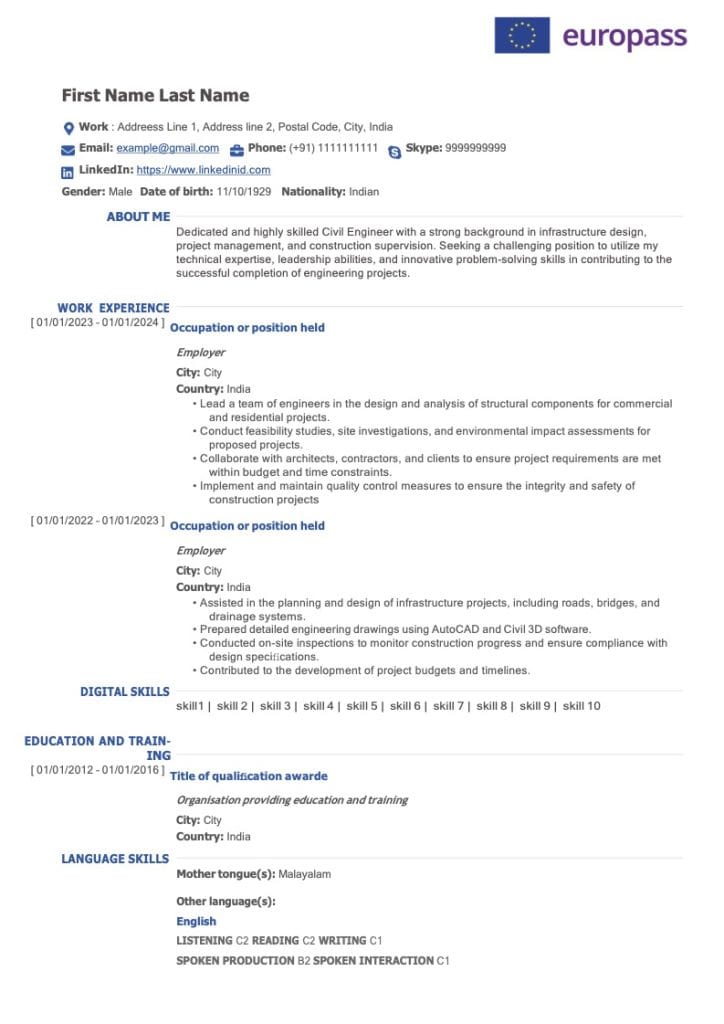 سيرة ذاتية europass جاهزة للتحميل